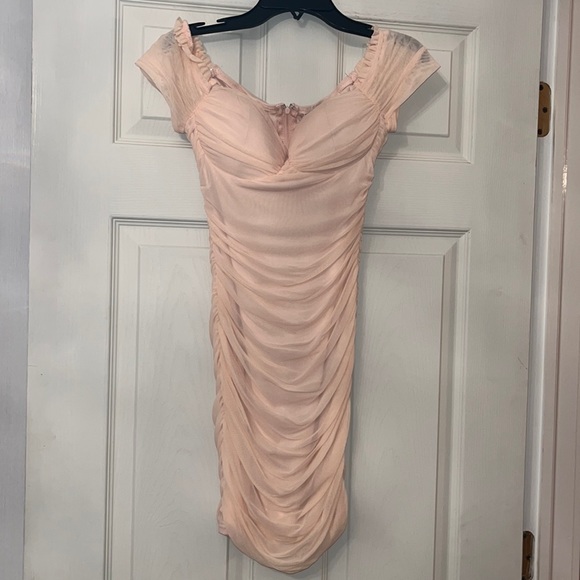 Baby Pink Off the Shoulder Ruched Mini Dress - Picture 5 of 8